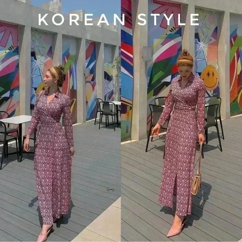 BNWOT Korean Style Lipbam Geometric Print Long Sleeve wrap Maxi Dress Xs/S